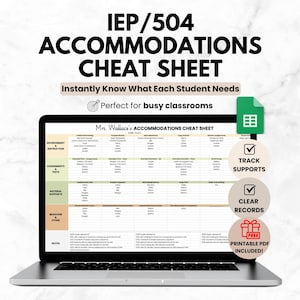IEP/504 Student Accommodations Tracker Cheat Sheet, Teacher Google Sheets IEP Caseload Organization, Special Education Spreadsheet Template