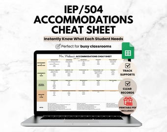 Hoja de referencia rápida para el seguimiento de adaptaciones estudiantiles IEP/504, organización de la carga de trabajo de IEP para docentes en Google Sheets, plantilla de hoja de cálculo de educación especial