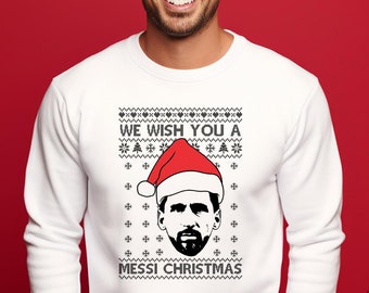 Te deseamos un jersey navideño de Messi, sudadera fea de Messi para Navidad, camisetas estampadas divertidas para amantes del fútbol navideño, gran regalo para los fanáticos de Messi