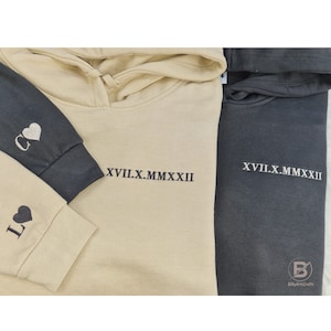 Roman Numeral Embroidered Matching Hoodie, Custom Initials With Heart Sleeve Jumper, Custom Anniversary Date Couple Hoodies, Boyfriend Gift