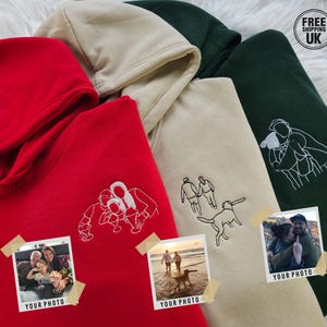Embroidered Photo Portrait Hoodie, Custom Outline Drawing Couple Hoody, Anniversary Date on Sleeve Matching Jumper, Memorial Gifts for Him