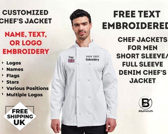 Embroidered Men&#39;s Chef Jacket, Personalised Chest Logo / Text Jacket, Custom Monogrammed Flag on Sleeve Chef Cooking Jacket, Gifts for Chef