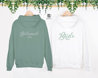 Broderad brudtärnehuvtröja med dragkedja, personlig huvtröja för brud och bröllopsdatum, huvtröja med monogram för möhippa, möhippa-present till henne