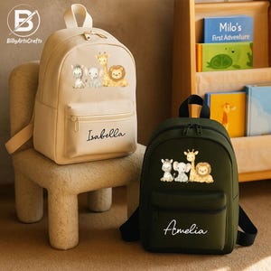 Sac à dos safari personnalisé pour enfants avec nom, sac à dos jungle personnalisé, sac de rentrée des classes imprimé pour tout-petits, cadeau animal de zoo pour garçons filles