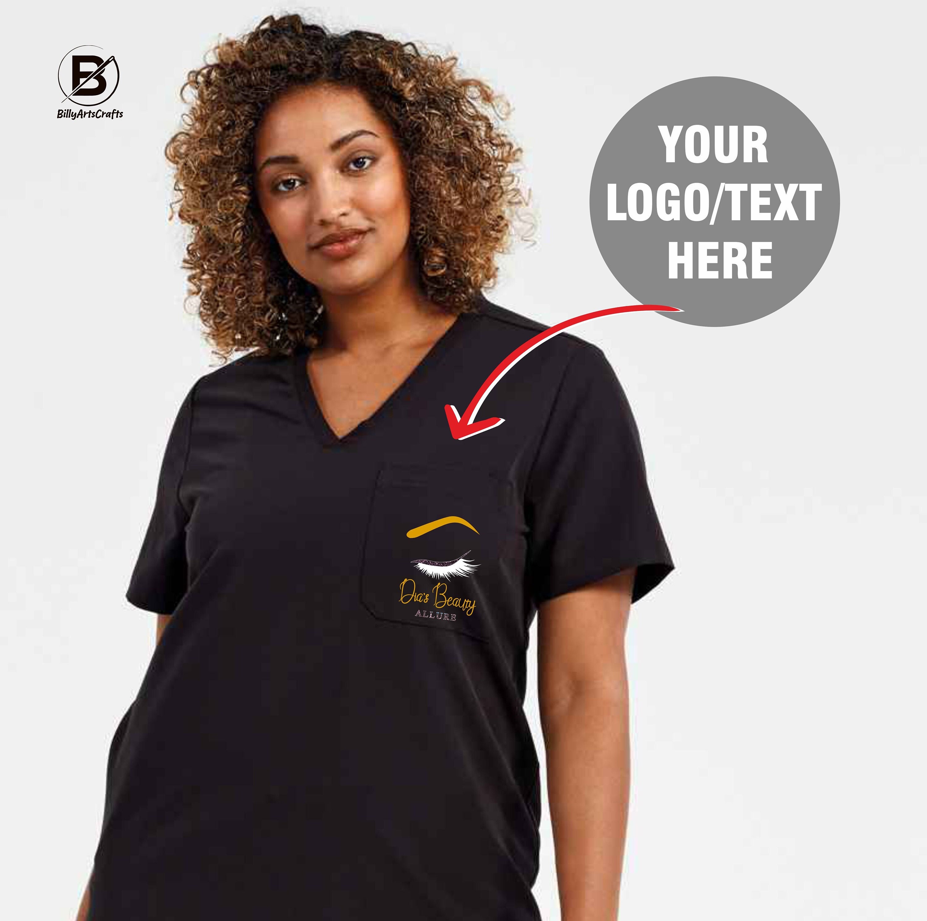 Túnica personalizada com texto/logotipo impresso, túnica personalizada para salão de beleza, túnica uniforme para empresa de esteticista, túnica especial de esteticista para presentes de enfermeira