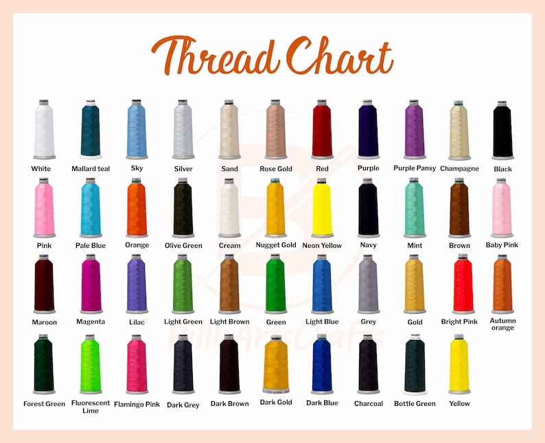 May include: Thread chart featuring spools of thread in a variety of colours, including white, black, red, blue, green, yellow, orange, pink, purple, brown, and grey.