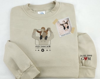 Personalised Sketch Photo Dad Sweatshirt, Custom Embroidered Family Portrait Jumper, Father&#39;s Day Gift Playlist Song Album Custom Sketch Top