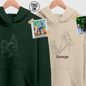 Embroidered Custom Horse Portrait Hoodie, Personalised Pet Portrait with Name Jumper, Line Art Sketch from Photo Hoodie,  Equestrian Gifts