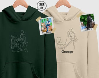 Embroidered Custom Horse Portrait Hoodie, Personalised Pet Portrait with Name Jumper, Line Art Sketch from Photo Hoodie,  Equestrian Gifts