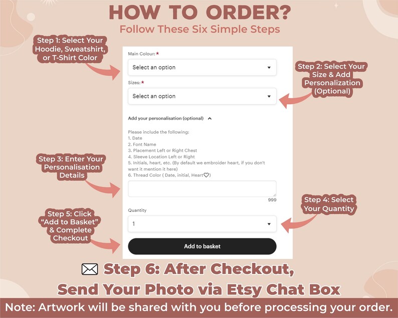 May include: A six-step guide on how to order a personalized hoodie, sweatshirt, or t-shirt. The guide includes selecting the color, size, adding personalization details, and choosing the quantity. It also mentions sending a photo via Etsy chat after checkout.