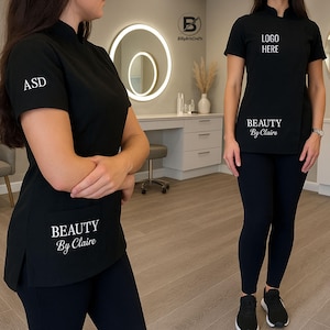 Tunique de beauté brodée personnalisée avec logo ou texte, uniforme de salon personnalisé pour professionnels de la pose de cils, vêtements de travail de spa, cadeau d&#39;esthéticienne pour elle