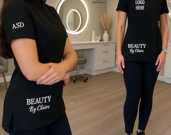 Custom Embroidered Beauty Tunic with Logo or Text, Personalised Salon Uniform for Lash Nail Techs, Spa Workwear, Aesthetician Gift for Her