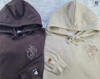 Personalised Anatomical Heart Sketch Hoodies, Embroidered Initial Hoody, Custom Couple Matching Comfy Jumpers, Relationship Gifts for Fiance