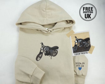 Embroidered Bike Portrait Photo Hoodie, Personalised Motorbike Filling Sketch Hoody, Boyfriend Name Initial Jumper, Memorial Bike Lover Gift