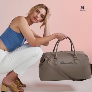 Personalised Duffle Bag with Name, Custom Name Monogram Printed Leather Bag, Bridesmaid Gifts, Weekend Overnight Travel Bag, Gym Bag for Her