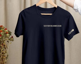Embroidered Roman Numeral T-Shirts, Personalised Initials Couple Matching Shirt, Custom Wedding Date Tees, Memorial Anniversary Gift for Him