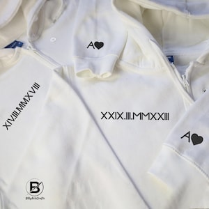 Personalised Roman Numeral Zip up Hoodie, Custom Date Embroidered Hoody, Couple Name Initials Matching Jumpers, Anniversary Boyfriend Gifts