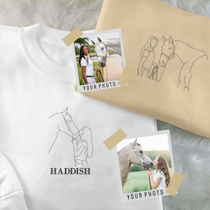 Personalised Horse Portrait Sweatshirt, Embroidered Outline Sketch from Photo Sweater, Custom Pet Name Jumper, Unique Gifts for Horse Lovers
