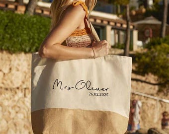 Personalised Bride Tote Bag, Custom Bridal Beach Printed Bag, Hen Do Party Gift Bag, Wedding Weekend Bag, Bridesmaid Gift, Bride Tote Bag