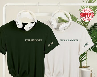 Embroidered Roman Numeral T-Shirts, Personalised Initials Couple Matching Shirt, Custom Wedding Date Tees, Memorial Anniversary Gift for Him