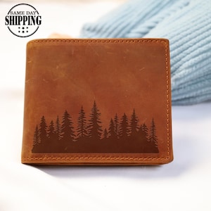 Mens Leather Wallet with Forest Design, Personalised Text Engraved Wallet, Custom Bifold RFID Wallet for Boyfriend, Christmas Gift for Him