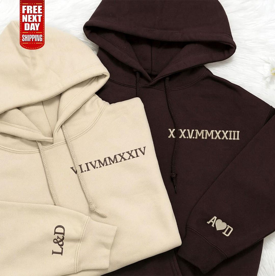 Roman Numeral Embroidered Matching Hoodie, Custom Initials With Heart