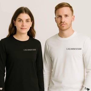Couple Roman Numeral Matching Long Sleeve Shirts, Embroidered Anniversary Date Shirts, Personalised Wedding Keepsake, Custom His & Hers Tees
