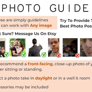 May include: A photo guide with examples of good and bad photos for a custom portrait. The guide recommends a front-facing, close-up photo taken in daylight. The text says "Try To Provide The Best Photo Possible".