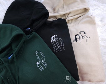 Embroidered Sketch Portrait Hoodies, Custom Outline Drawing Comfy Hoody, Personalised Couples Date On Sleeve Jumpers, Memorial Gifts for him
