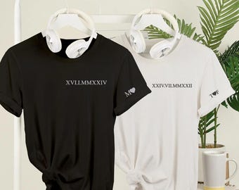 Personalised Initials Couple Matching Shirt, Embroidered Roman Numeral T-Shirt, 2nd wedding anniversary gift, Couple Cotton anniversary gift