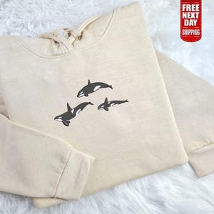 Embroidered Trio Orca Hoodie, Killer Whale Orca Design Sweatshirt, Embroidered Wildlife Fishes Hooded Jumper, Awareness Animal Lover Gifts