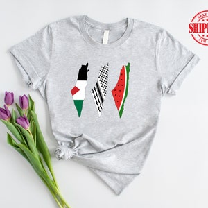 T-shirt avec motifs de carte de la Palestine, T-shirt imprimé drapeau de la Palestine, Hauts confort solidaires musulmans, T-shirts col rond drapeau pastèque de la Palestine