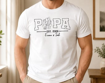 Personalised Dad Photo Portrait Shirt, Dad and Me Printed Outline Sketch Shirt, Custom Papa Kids Name Shirt with Est Date, Fathers Day Gift