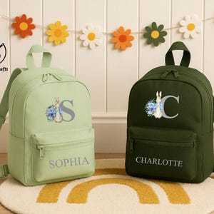 Custom Bunny School Bag with Name & Initial, Personalised Back to School Rabbit Bag, Kids Nursery Printed Backpack, Bag Gift for Boys Girls