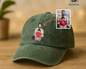 Custom Dad Embroidered Portrait Hat, Personalised Dad & Me Photo Sketch Cap, Dad Photo Vintage Baseball Cap, Fathers Day Gift, Gift for Him