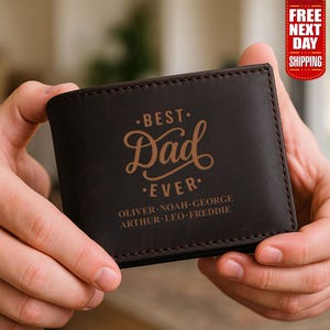 Portefeuille en cuir gravé pour papa, portefeuille personnalisé avec noms d'enfants, portefeuille monogramme, cadeau personnalisé pour la fête des pères, cadeau papa de la part d'un fils ou d'une fille