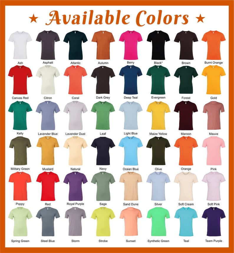 May include: A chart showing 36 different t-shirt colors. The colors are arranged in a grid with the names of each color listed below each t-shirt.