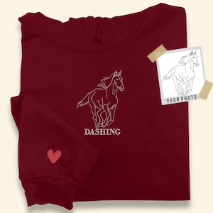 Custom Embroidered Line Art Portrait Hoodie, Horse Sketch from Photo Hoodie, Personalised Pet Portrait with Name Jumper, Equestrian Gifts