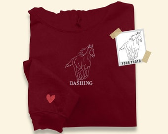 Custom Embroidered Line Art Portrait Hoodie, Horse Sketch from Photo Hoodie, Personalised Pet Portrait with Name Jumper, Equestrian Gifts