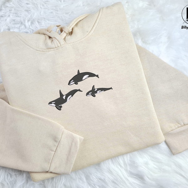 Embroidered Trio Orca Hoodie-Killer Whale Orca Design Sweatshirt-Wildlife Fishes Embroidery Unisex Hooded Jumper-Awareness Animal Lover Gift