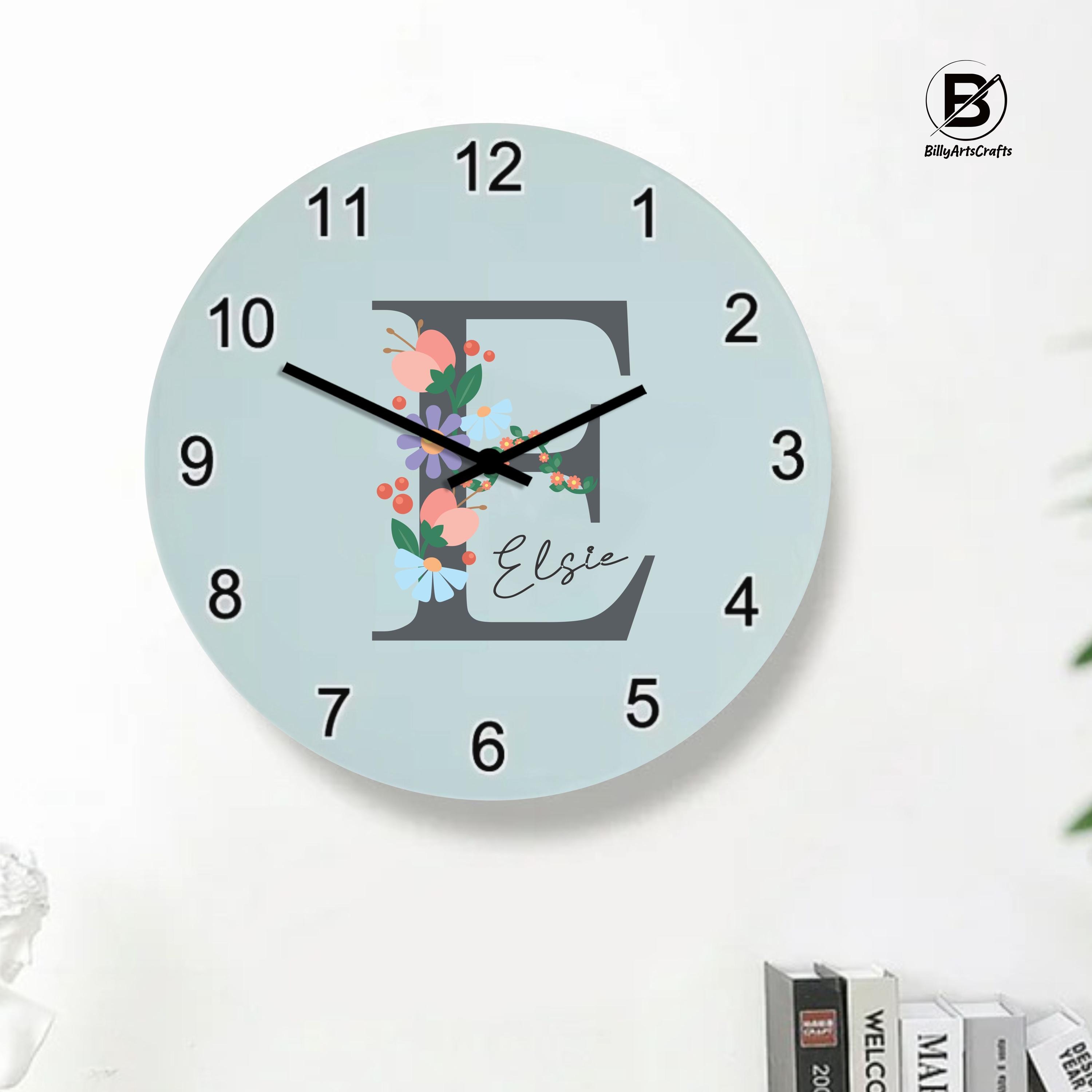 Personalised Wall Clocks for Kids, Custom Floral Initial With Name ...