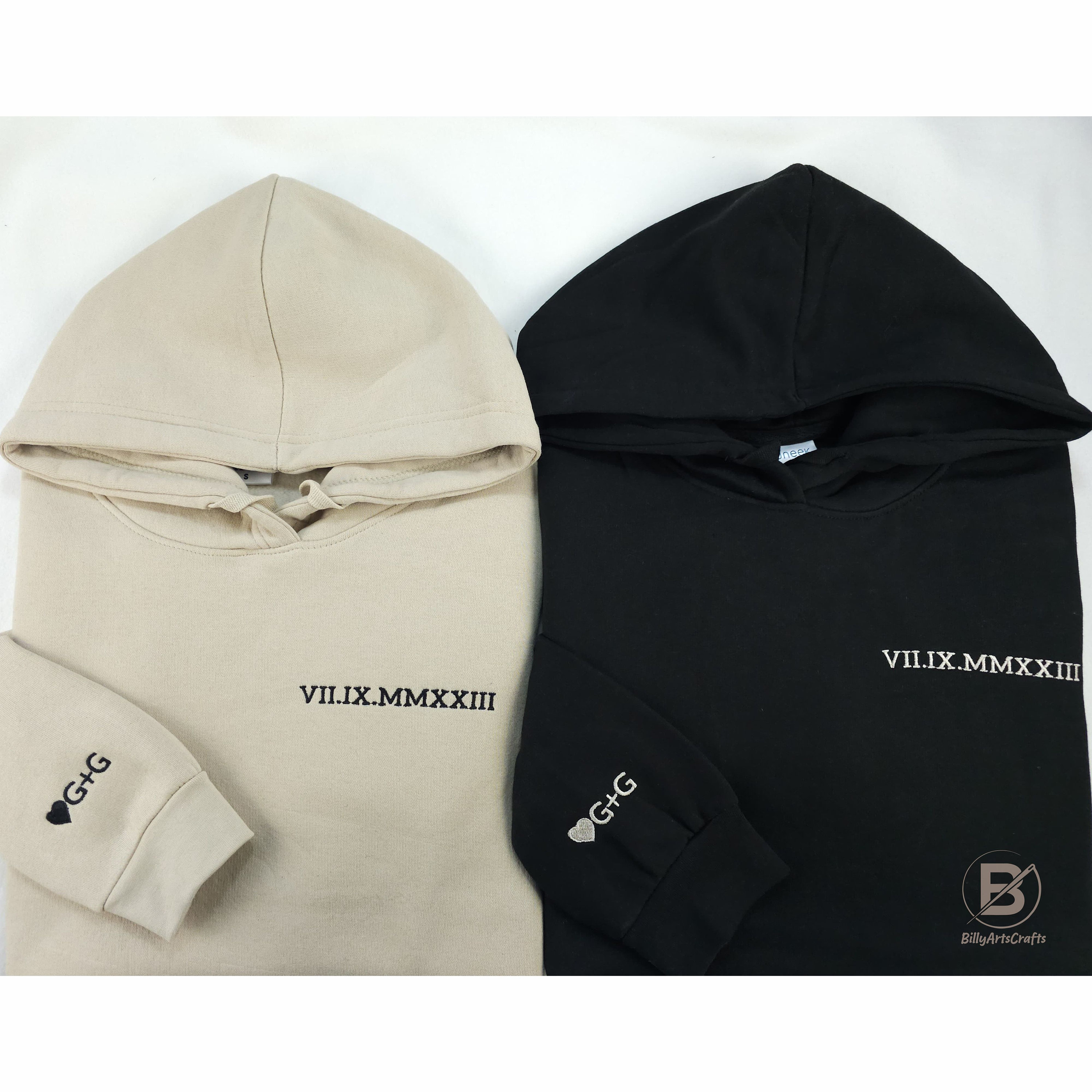 Embroidered Couple Matching Hoodie, Custom Roman Numeral Hoody, Personalised Initial Heart Jumper, Long Distance Father Day Gifts for Her