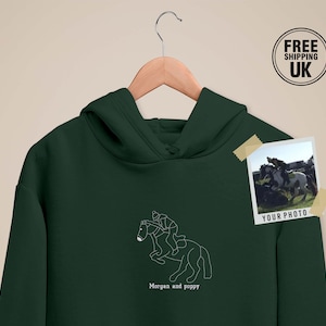 Embroidered Horse Portrait Hoodie, Custom Faceless Sketch with Name Hoody, Pet Lovers Pullover Hooded Jumper, Personalised Horse Lovers Gift