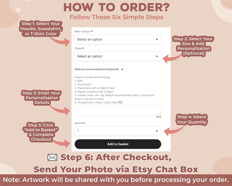 May include: A six-step guide on how to order a personalised hoodie, sweatshirt, or t-shirt. The guide includes selecting the colour, size, adding personalisation details, and choosing the quantity. It also mentions sending a photo via Etsy chat after checkout.