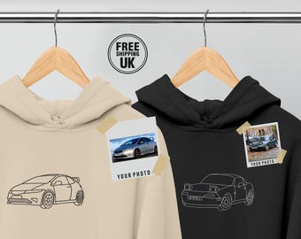 Sudadera con capucha personalizada con retrato de coche a partir de foto, sudadera con capucha con boceto de arte lineal bordado, sudadera con inicial personalizada para amantes de los coches, regalo de 80 cumpleaños para él