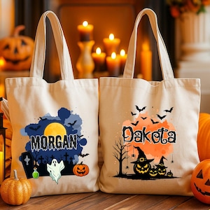 Personalised Halloween Tote Bags, Custom Name Trick or Treat Printed Bags, Fall Pumpkin Bags for Kids, Spooky Candy Sack, Halloween Gifts