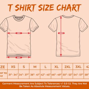 May include: T-shirt size chart with a diagram of a t-shirt showing measurements for chest, length, and waist. The chart shows sizes from XS to 4XL with corresponding chest measurements in inches.