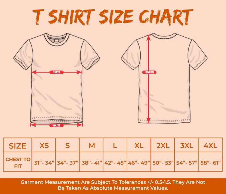 May include: T-shirt size chart with a diagram of a t-shirt showing measurements for chest, length, and waist. The chart shows sizes from XS to 4XL with corresponding chest measurements in inches.