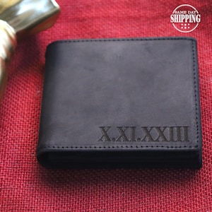 Custom Engraved Leather Men Wallet, Personalised Roman Numeral Date Wallet, Memorial Anniversary Wallet for Husband, Christmas Gift for Him