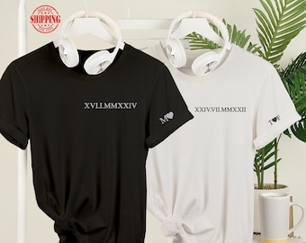 Personalised Initials Couple Matching Shirt, Embroidered Roman Numeral T-Shirt, 2nd wedding anniversary gift, Couple Cotton anniversary gift